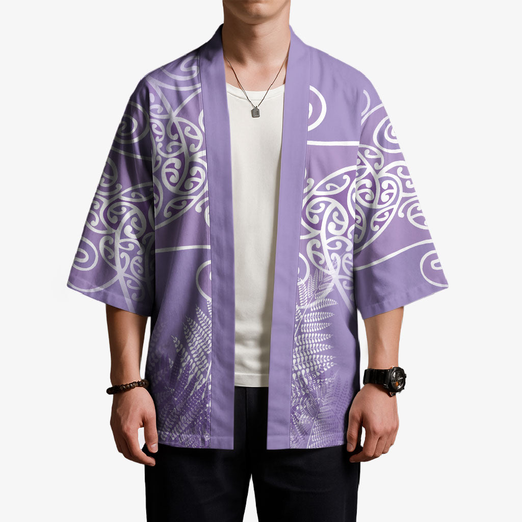 Aotearoa Maori Koru Curves Kimono Silver Ferns - Amethyst LT7 - Polynesian Pride