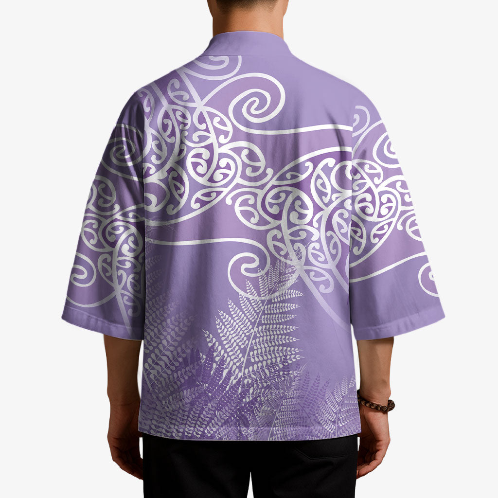 Aotearoa Maori Koru Curves Kimono Silver Ferns - Amethyst LT7 - Polynesian Pride