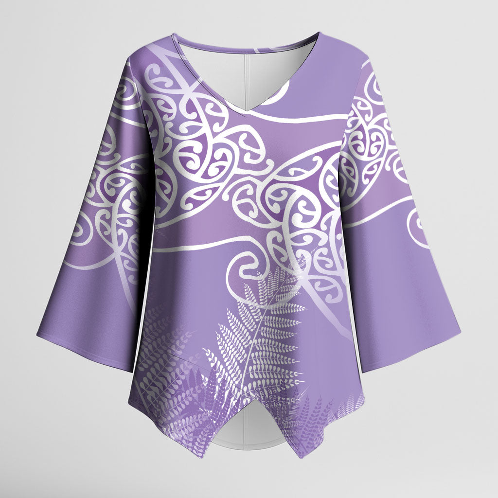 Aotearoa Maori Koru Curves Kimono Sleeve Blouse Silver Ferns - Amethyst LT7 Female Purple - Polynesian Pride