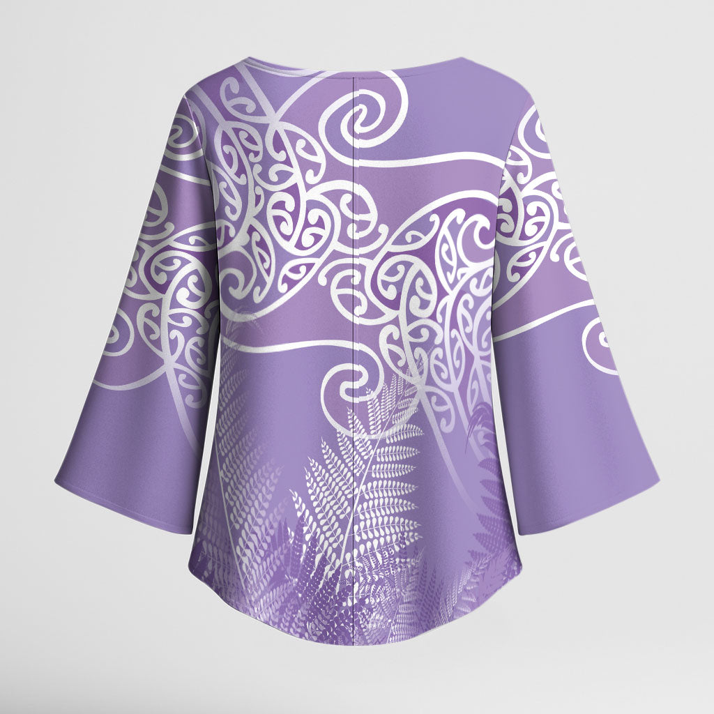 Aotearoa Maori Koru Curves Kimono Sleeve Blouse Silver Ferns - Amethyst LT7 - Polynesian Pride