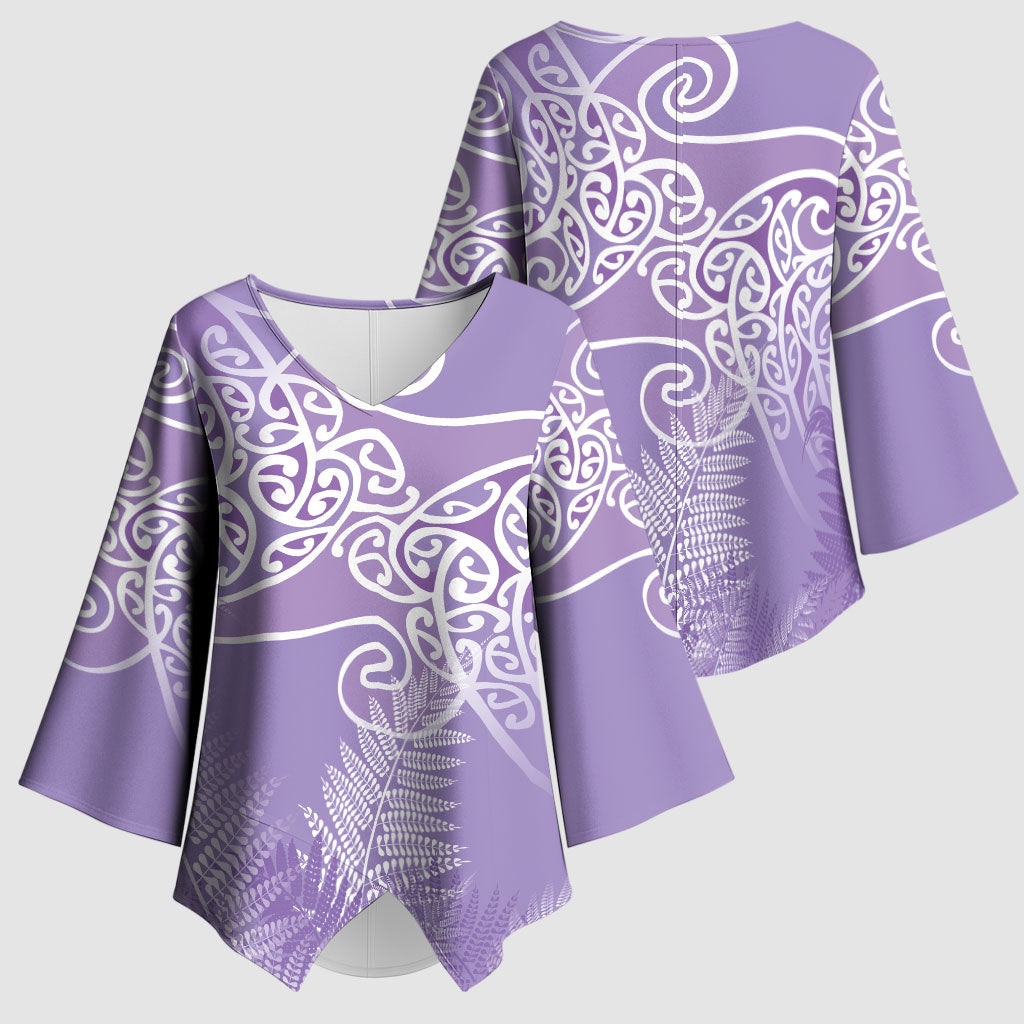 Aotearoa Maori Koru Curves Kimono Sleeve Blouse Silver Ferns - Amethyst LT7 - Polynesian Pride