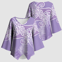 Aotearoa Maori Koru Curves Kimono Sleeve Blouse Silver Ferns - Amethyst LT7 - Polynesian Pride