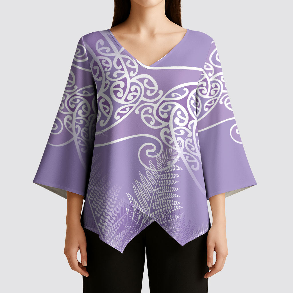 Aotearoa Maori Koru Curves Kimono Sleeve Blouse Silver Ferns - Amethyst LT7 - Polynesian Pride
