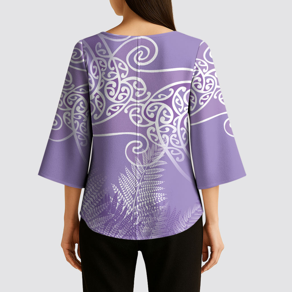 Aotearoa Maori Koru Curves Kimono Sleeve Blouse Silver Ferns - Amethyst LT7 - Polynesian Pride