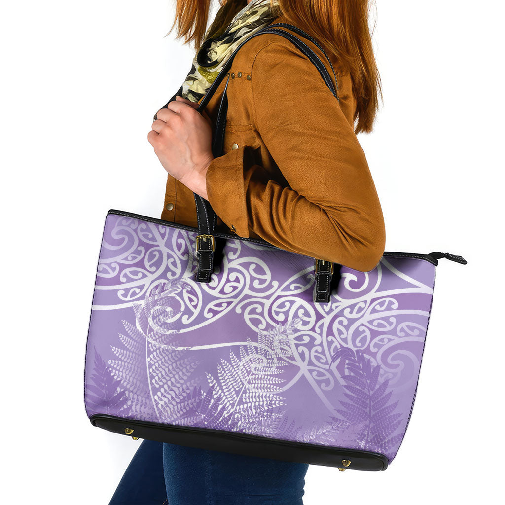 Aotearoa Maori Koru Curves Leather Tote Bag Silver Ferns - Amethyst LT7 Purple - Polynesian Pride
