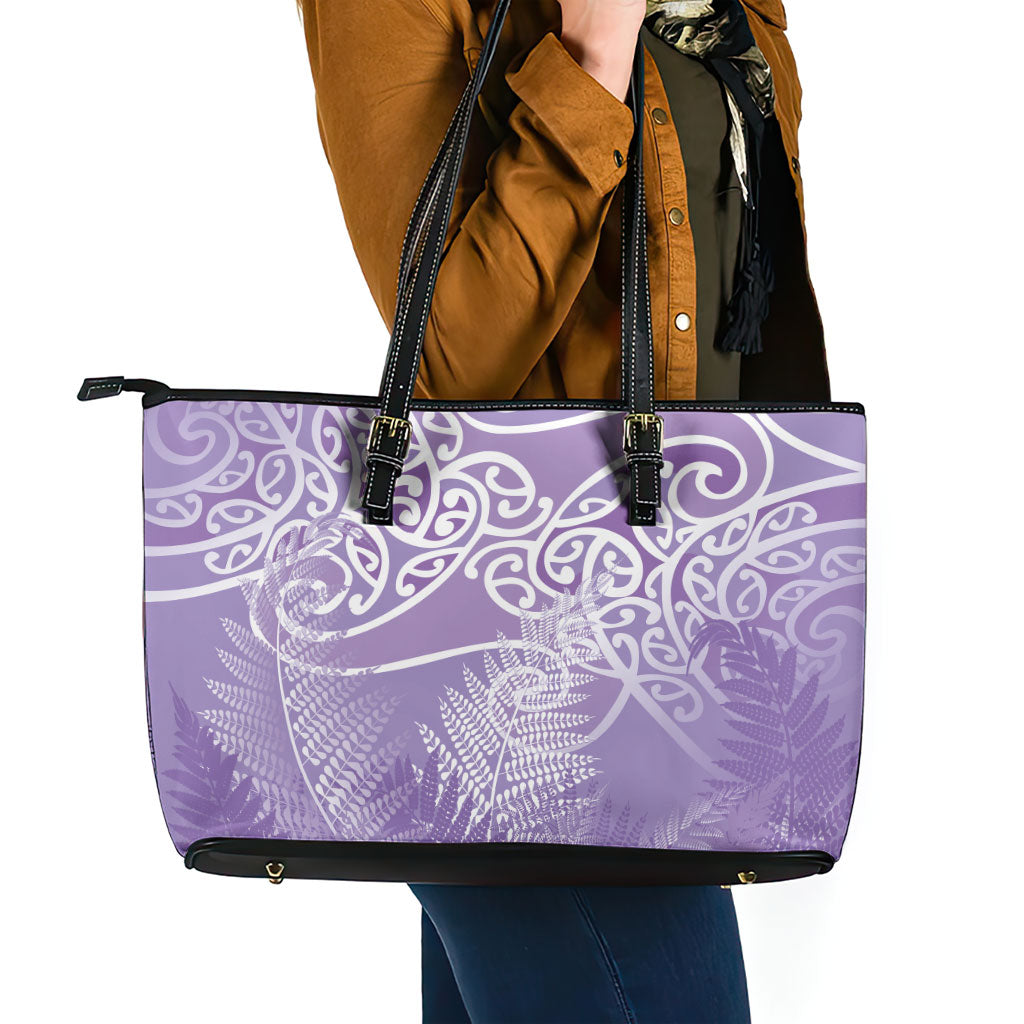 Aotearoa Maori Koru Curves Leather Tote Bag Silver Ferns - Amethyst LT7 - Polynesian Pride