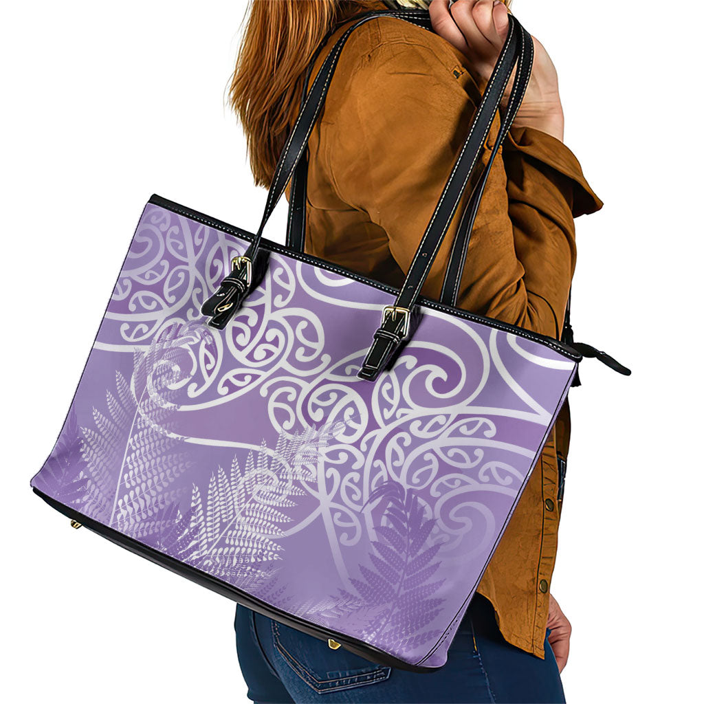 Aotearoa Maori Koru Curves Leather Tote Bag Silver Ferns - Amethyst LT7 - Polynesian Pride
