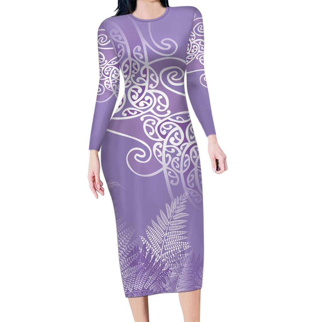 Aotearoa Maori Koru Curves Long Sleeve Bodycon Dress Silver Ferns - Amethyst LT7 Long Dress Purple - Polynesian Pride