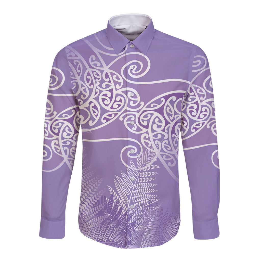 Aotearoa Maori Koru Curves Long Sleeve Button Shirt Silver Ferns - Amethyst LT7 Unisex Purple - Polynesian Pride