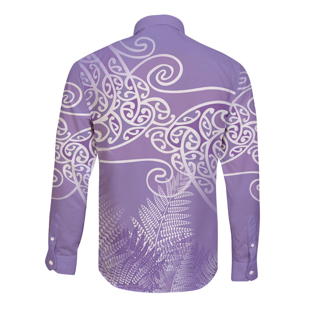 Aotearoa Maori Koru Curves Long Sleeve Button Shirt Silver Ferns - Amethyst LT7 - Polynesian Pride