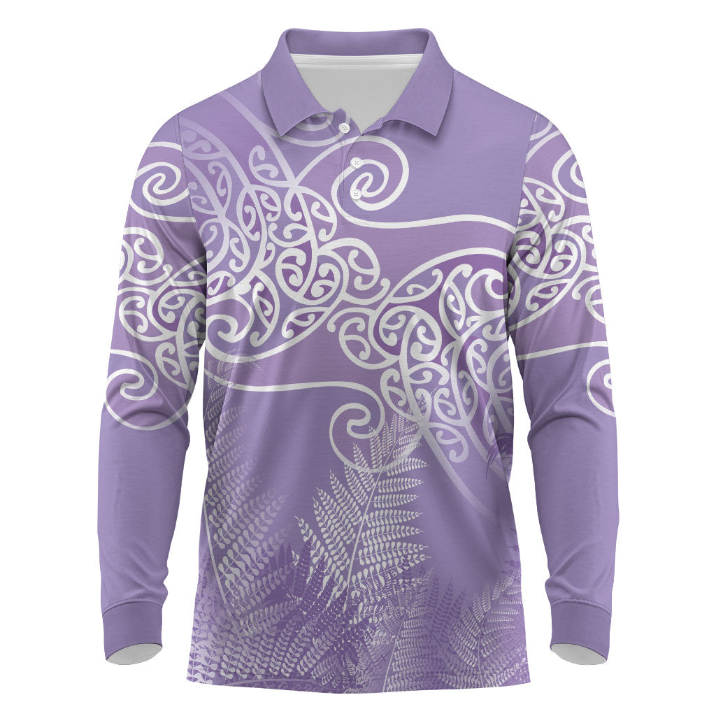 Aotearoa Maori Koru Curves Long Sleeve Polo Shirt Silver Ferns - Amethyst