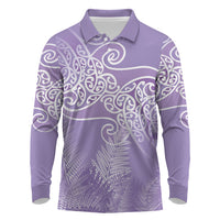 Aotearoa Maori Koru Curves Long Sleeve Polo Shirt Silver Ferns - Amethyst