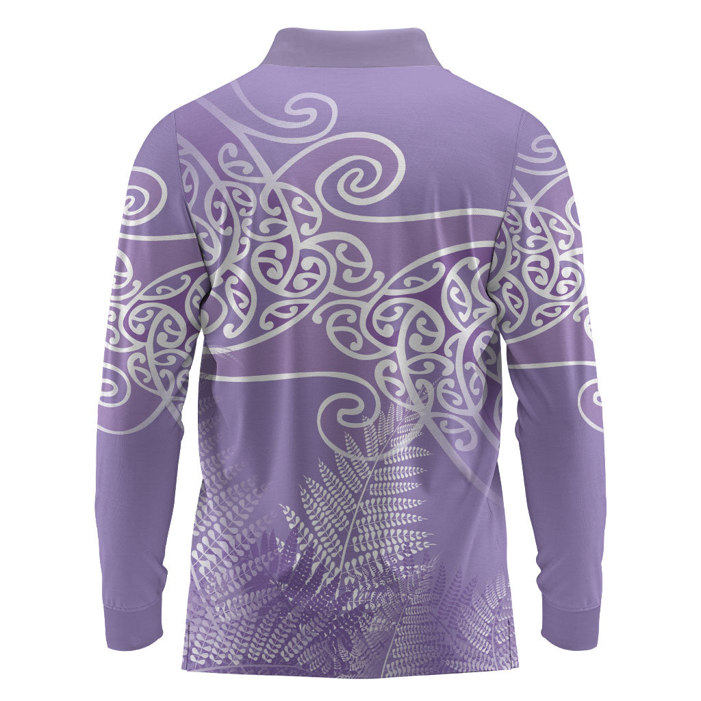 Aotearoa Maori Koru Curves Long Sleeve Polo Shirt Silver Ferns - Amethyst