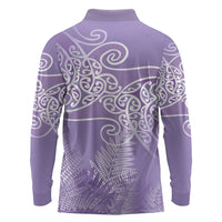 Aotearoa Maori Koru Curves Long Sleeve Polo Shirt Silver Ferns - Amethyst