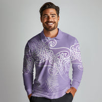 Aotearoa Maori Koru Curves Long Sleeve Polo Shirt Silver Ferns - Amethyst