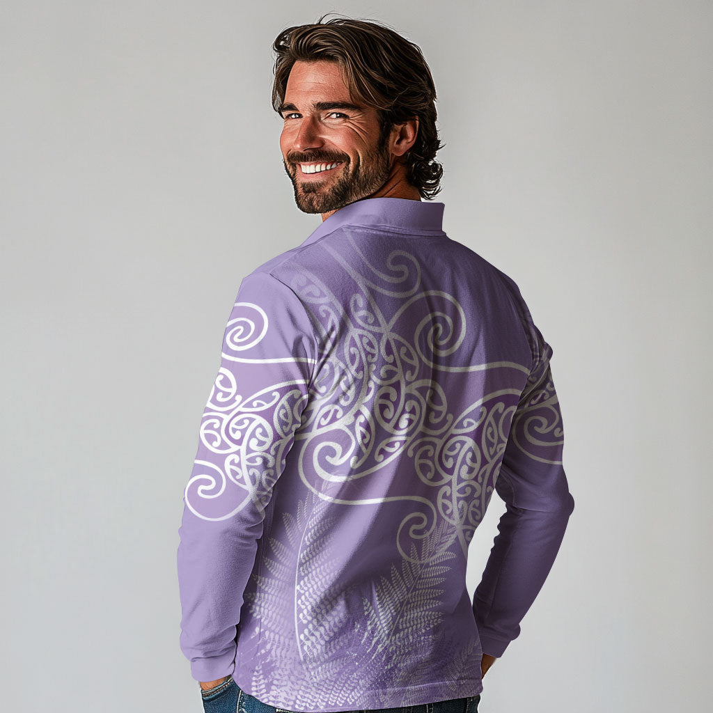 Aotearoa Maori Koru Curves Long Sleeve Polo Shirt Silver Ferns - Amethyst