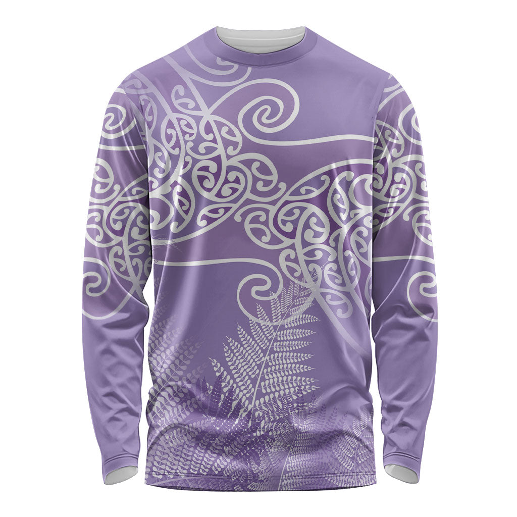 Aotearoa Maori Koru Curves Long Sleeve Shirt Silver Ferns - Amethyst LT7 Unisex Purple - Polynesian Pride
