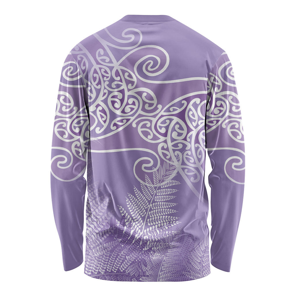 Aotearoa Maori Koru Curves Long Sleeve Shirt Silver Ferns - Amethyst LT7 - Polynesian Pride