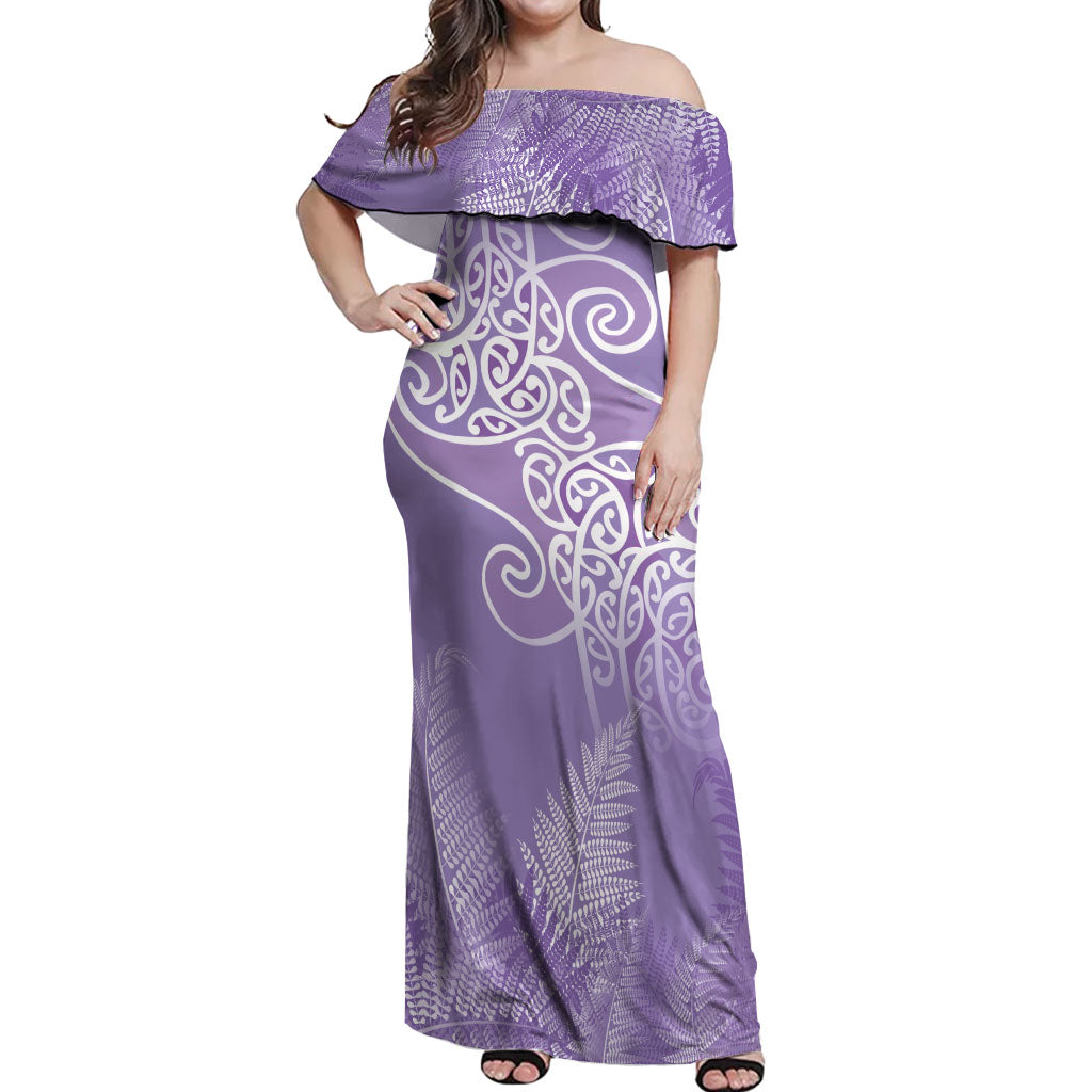 Aotearoa Maori Koru Curves Off Shoulder Maxi Dress Silver Ferns - Amethyst LT7 Women Purple - Polynesian Pride