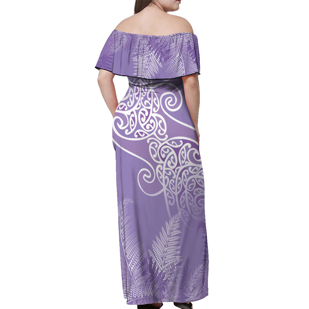 Aotearoa Maori Koru Curves Off Shoulder Maxi Dress Silver Ferns - Amethyst LT7 - Polynesian Pride