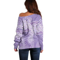 Aotearoa Maori Koru Curves Off Shoulder Sweater Silver Ferns - Amethyst LT7 - Polynesian Pride