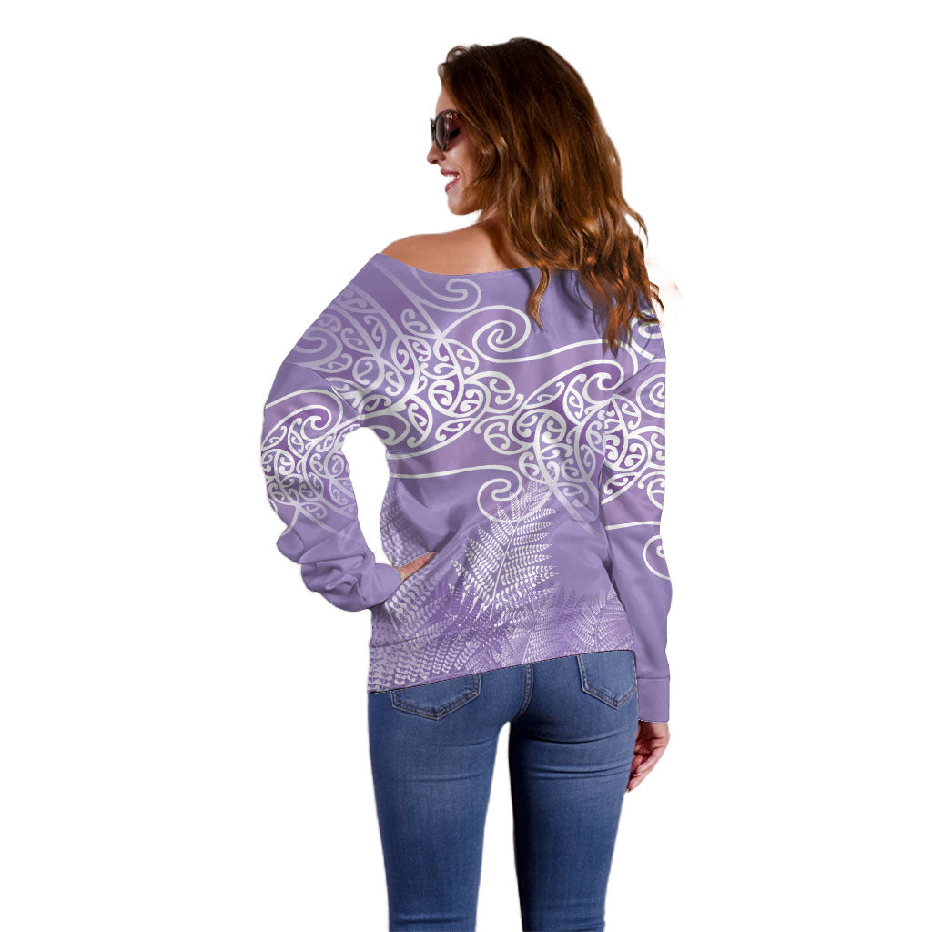 Aotearoa Maori Koru Curves Off Shoulder Sweater Silver Ferns - Amethyst LT7 - Polynesian Pride