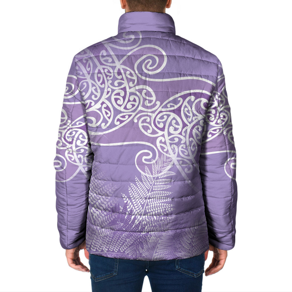 Aotearoa Maori Koru Curves Padded Jacket Silver Ferns - Amethyst LT7 - Polynesian Pride