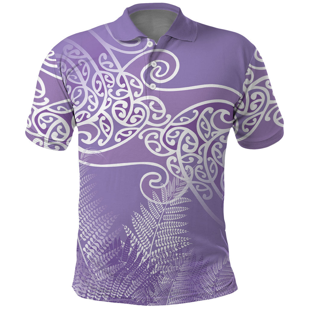 Aotearoa Maori Koru Curves Polo Shirt Silver Ferns - Amethyst LT7 Purple - Polynesian Pride