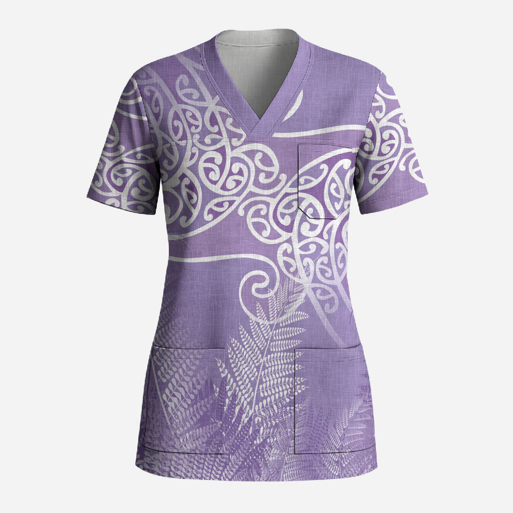 Aotearoa Maori Koru Curves Scrub Top Silver Ferns - Amethyst LT7 Adult Purple - Polynesian Pride