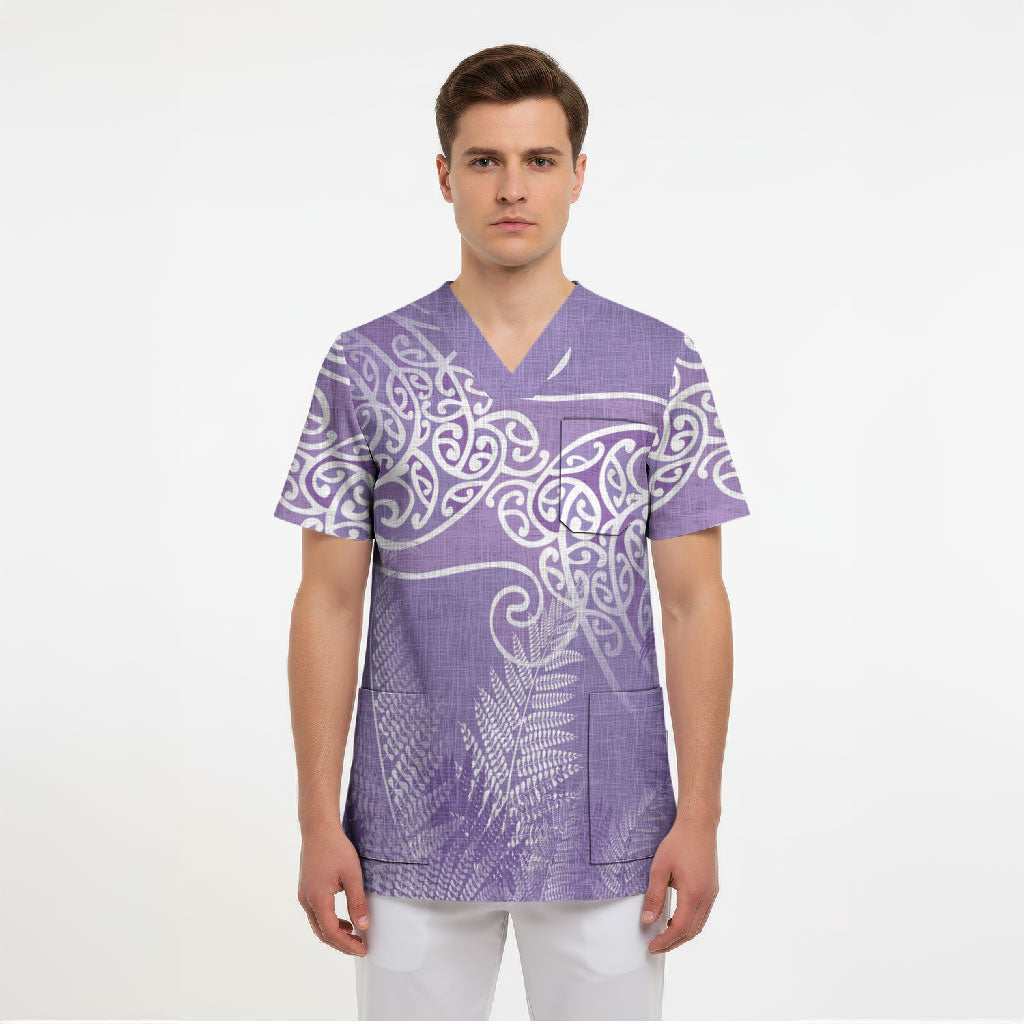 Aotearoa Maori Koru Curves Scrub Top Silver Ferns - Amethyst LT7 - Polynesian Pride