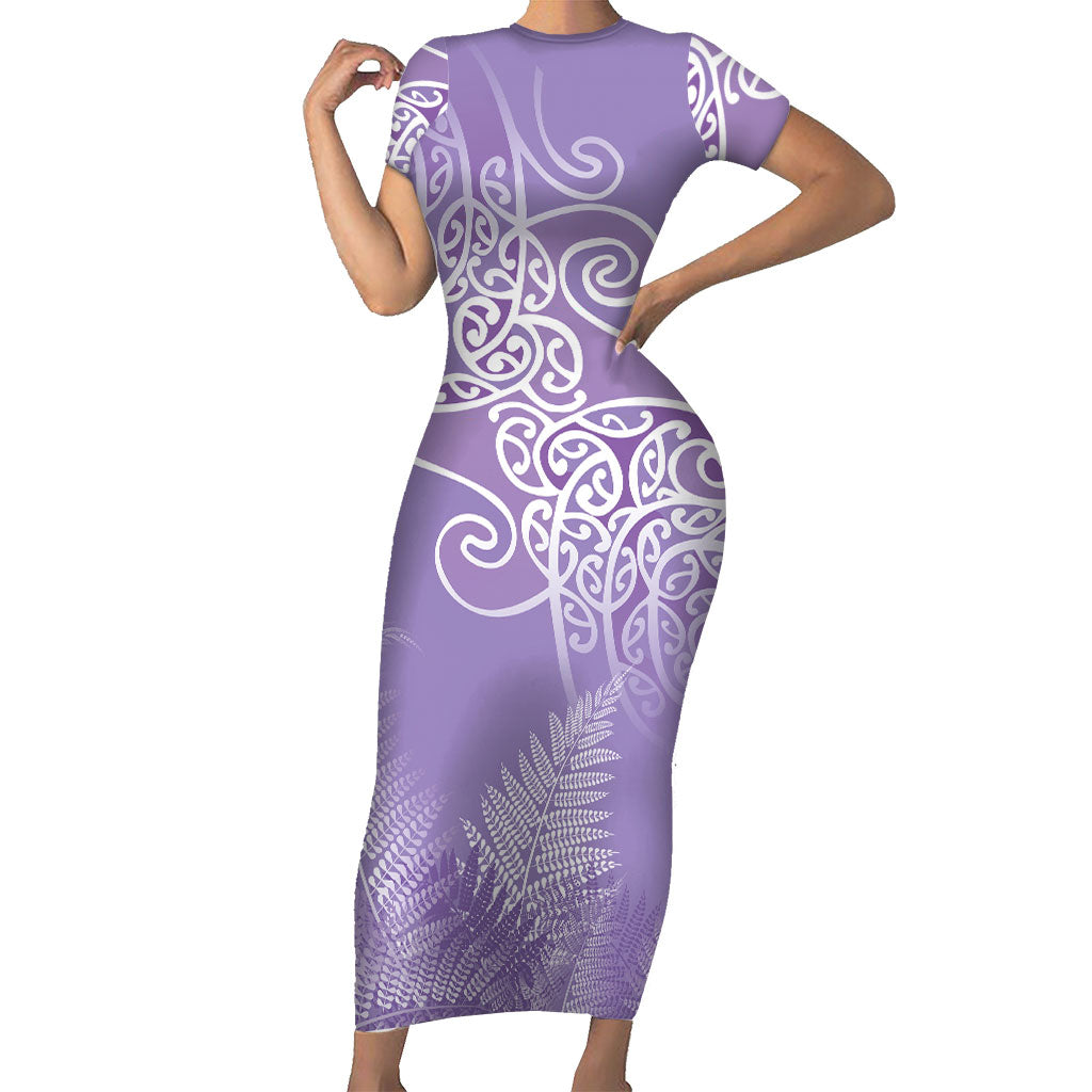 Aotearoa Maori Koru Curves Short Sleeve Bodycon Dress Silver Ferns - Amethyst LT7 Long Dress Purple - Polynesian Pride
