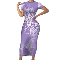 Aotearoa Maori Koru Curves Short Sleeve Bodycon Dress Silver Ferns - Amethyst LT7 Long Dress Purple - Polynesian Pride