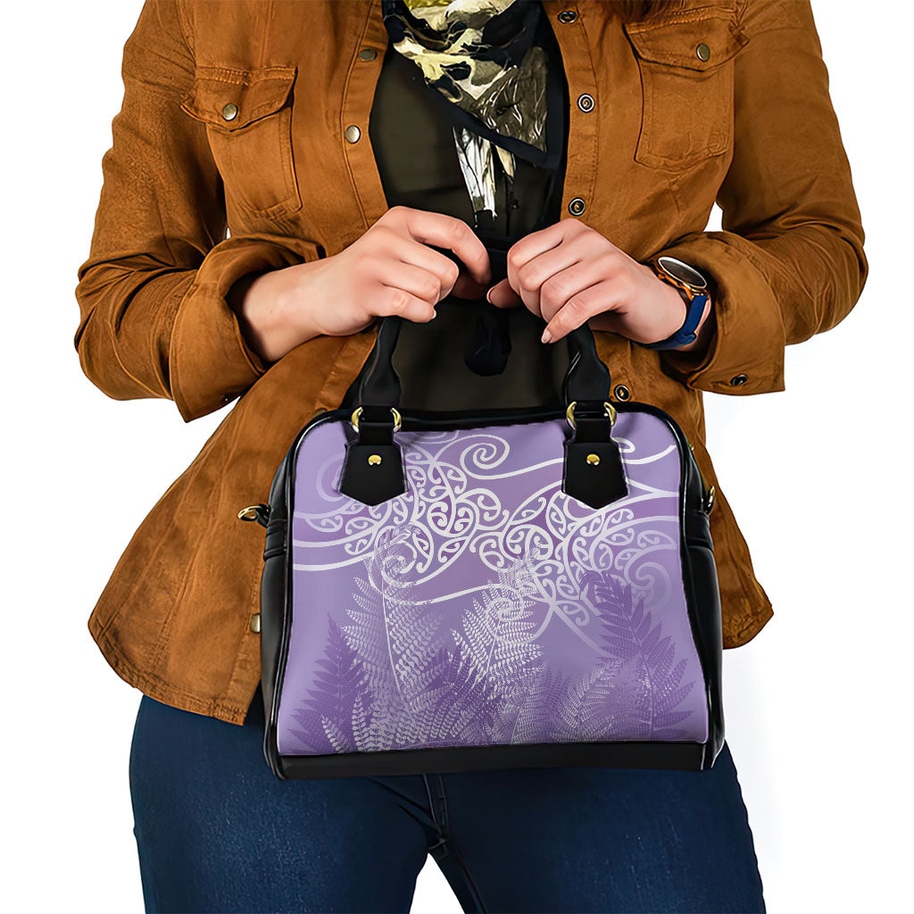 Aotearoa Maori Koru Curves Shoulder Handbag Silver Ferns - Amethyst LT7 - Polynesian Pride