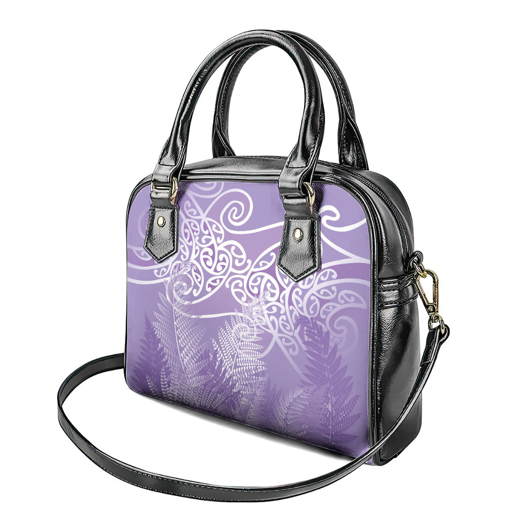 Aotearoa Maori Koru Curves Shoulder Handbag Silver Ferns - Amethyst LT7 - Polynesian Pride