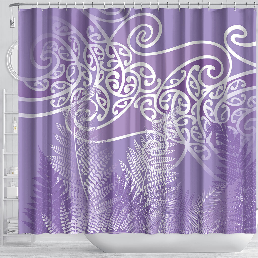 Aotearoa Maori Koru Curves Shower Curtain Silver Ferns - Amethyst LT7 - Polynesian Pride