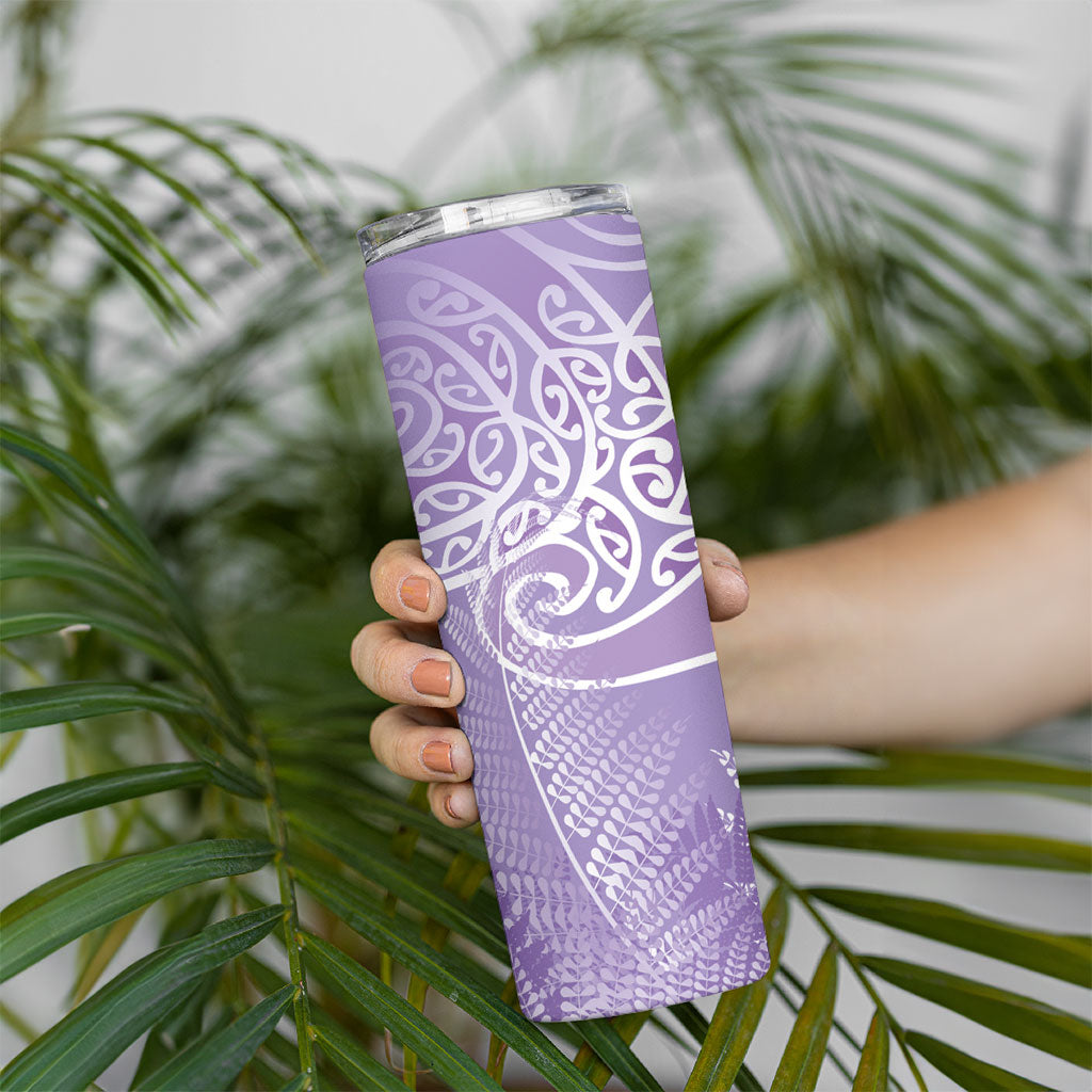 Aotearoa Maori Koru Curves Skinny Tumbler Silver Ferns - Amethyst LT7 - Polynesian Pride