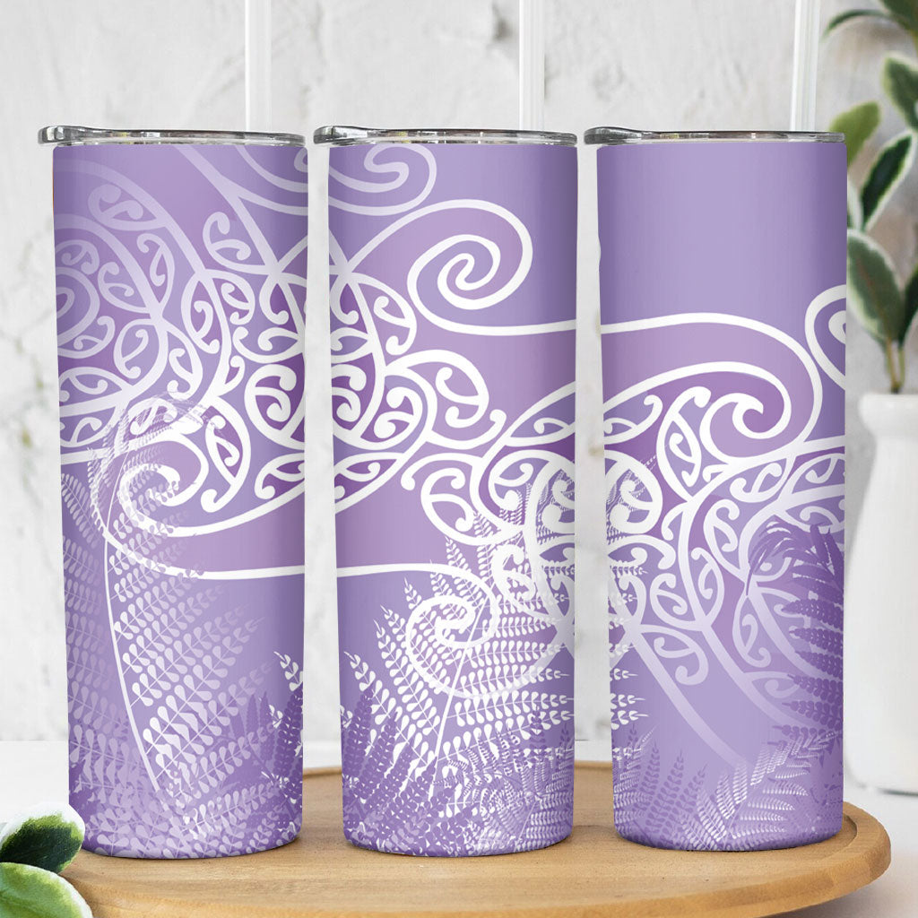 Aotearoa Maori Koru Curves Skinny Tumbler Silver Ferns - Amethyst LT7 - Polynesian Pride