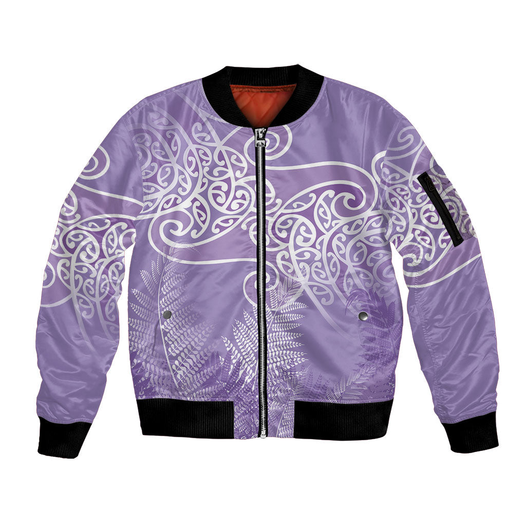 Aotearoa Maori Koru Curves Sleeve Zip Bomber Jacket Silver Ferns - Amethyst LT7 Unisex Purple - Polynesian Pride
