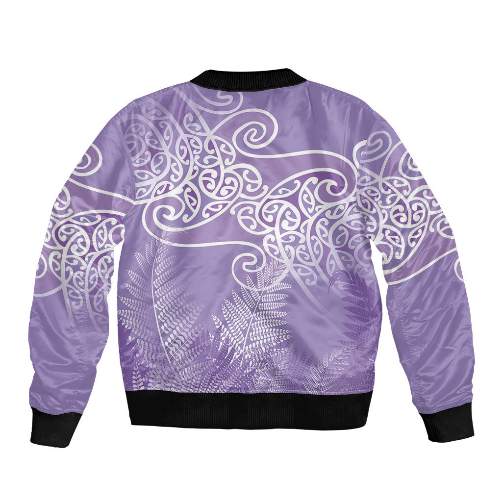 Aotearoa Maori Koru Curves Sleeve Zip Bomber Jacket Silver Ferns - Amethyst LT7 - Polynesian Pride