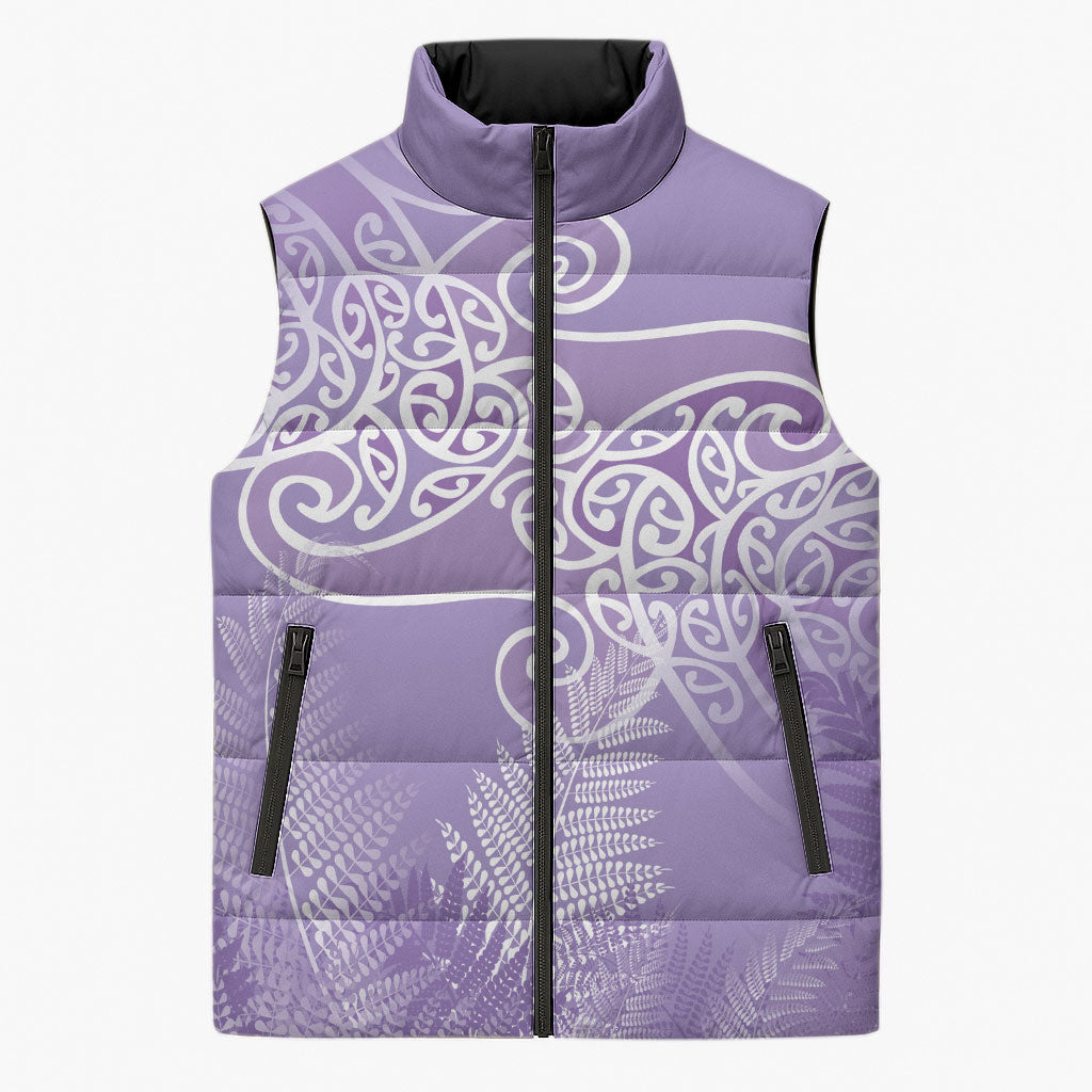 Aotearoa Maori Koru Curves Sleeveless Puffer Jacket Silver Ferns - Amethyst LT7 Unisex Purple - Polynesian Pride