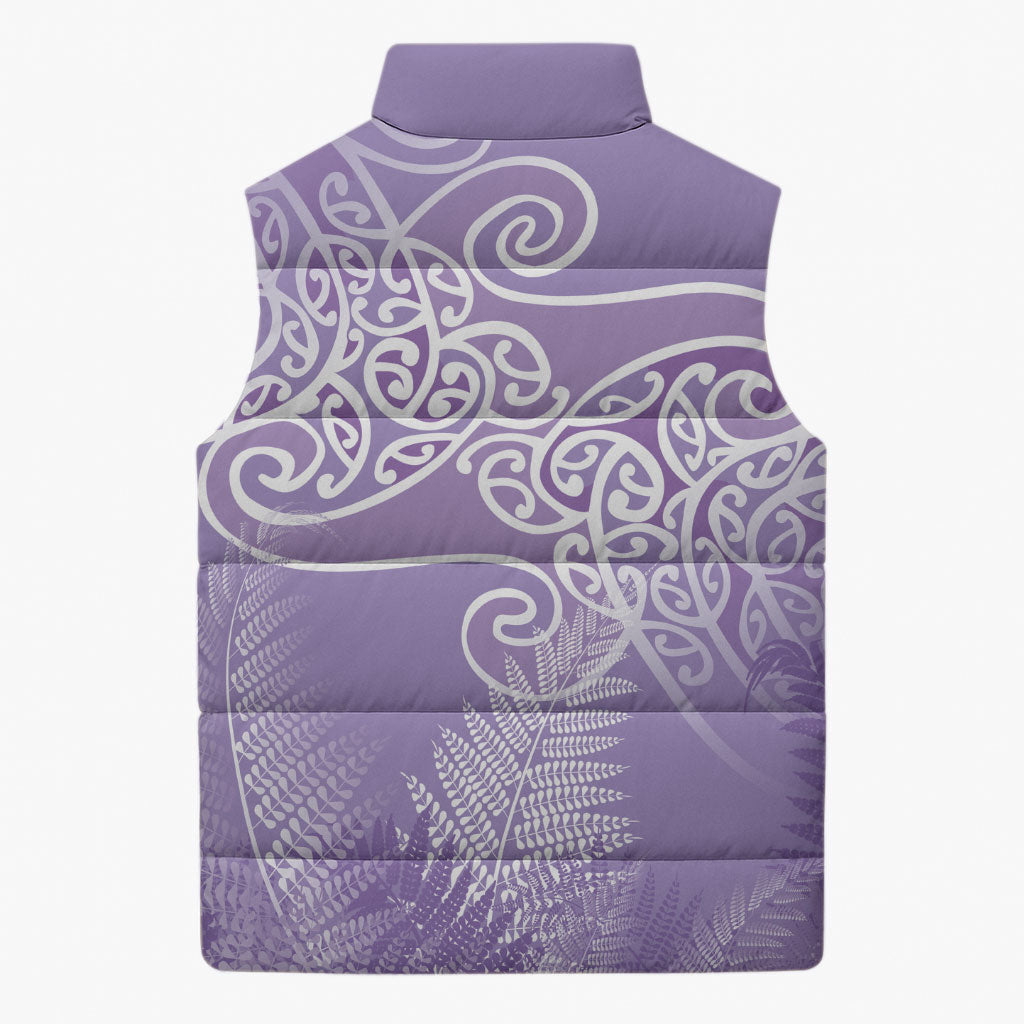 Aotearoa Maori Koru Curves Sleeveless Puffer Jacket Silver Ferns - Amethyst LT7 - Polynesian Pride