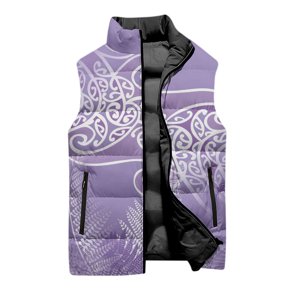 Aotearoa Maori Koru Curves Sleeveless Puffer Jacket Silver Ferns - Amethyst LT7 - Polynesian Pride