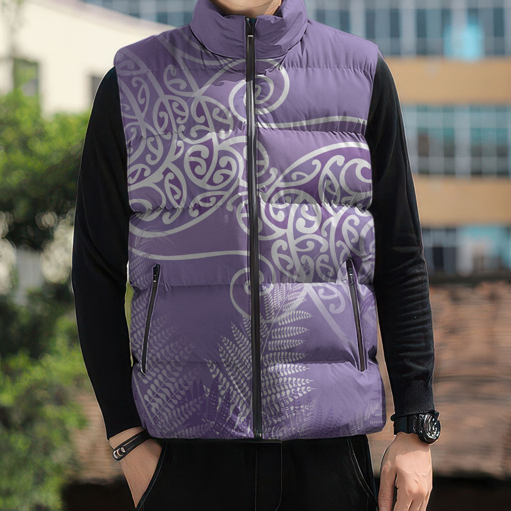 Aotearoa Maori Koru Curves Sleeveless Puffer Jacket Silver Ferns - Amethyst LT7 - Polynesian Pride