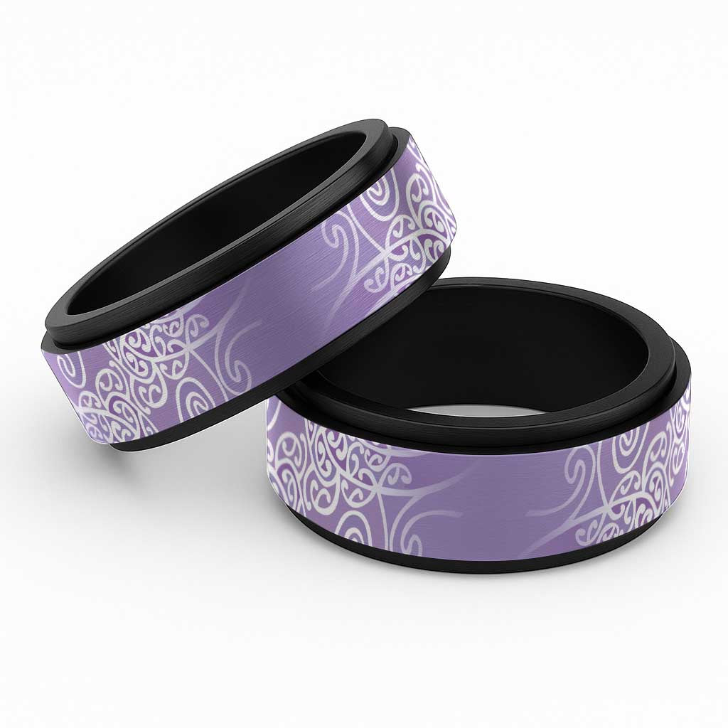Aotearoa Maori Koru Curves Spinner Ring Silver Ferns - Amethyst LT7 Black Purple - Polynesian Pride