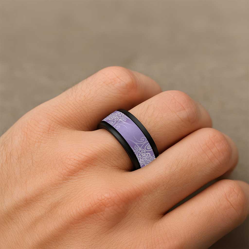 Aotearoa Maori Koru Curves Spinner Ring Silver Ferns - Amethyst LT7 - Polynesian Pride
