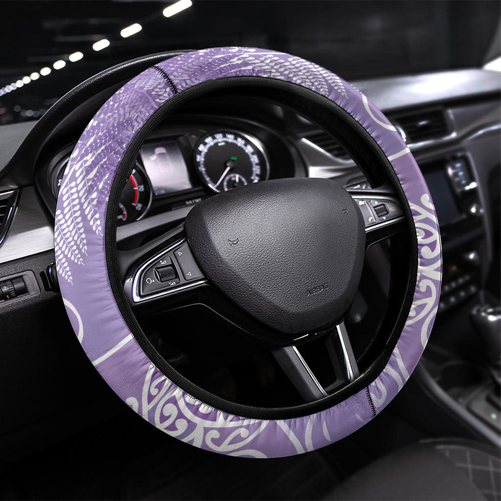Aotearoa Maori Koru Curves Steering Wheel Cover Silver Ferns - Amethyst LT7 Universal Fit Purple - Polynesian Pride