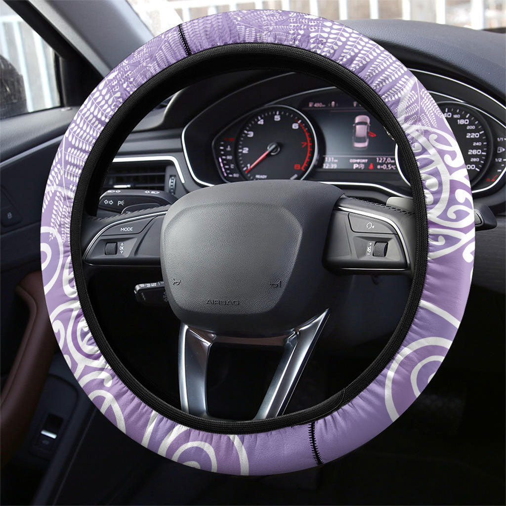 Aotearoa Maori Koru Curves Steering Wheel Cover Silver Ferns - Amethyst LT7 - Polynesian Pride