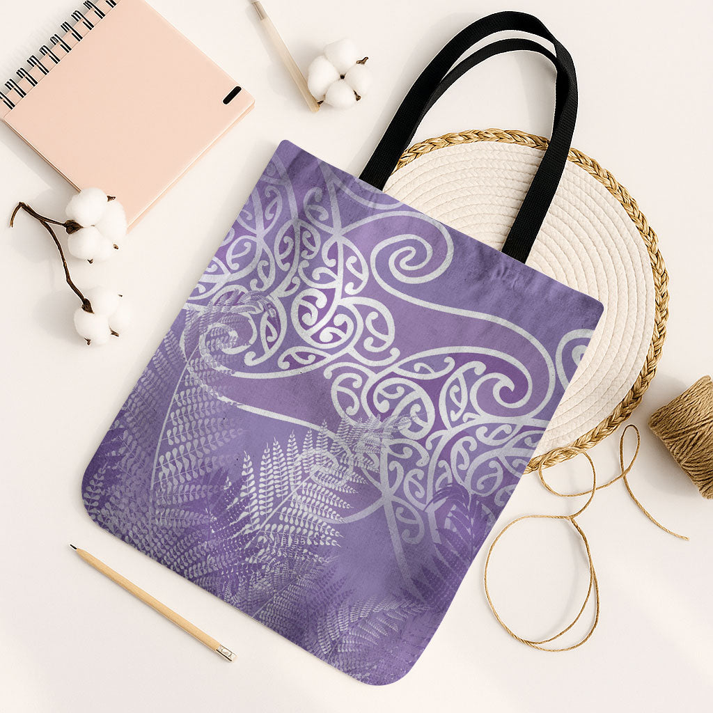 Aotearoa Maori Koru Curves Tote Bag Silver Ferns - Amethyst LT7 Black Strap One Size Purple - Polynesian Pride