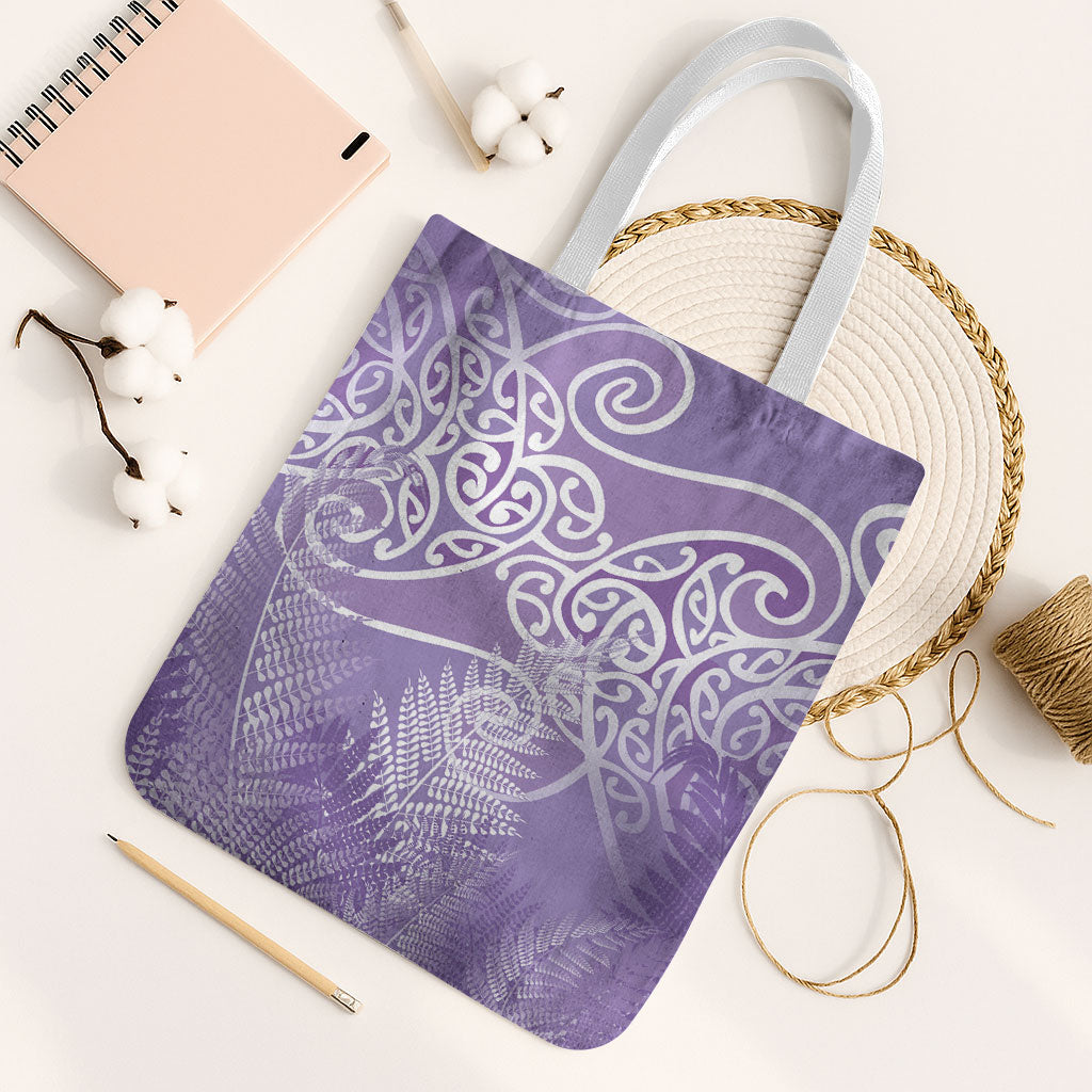 Aotearoa Maori Koru Curves Tote Bag Silver Ferns - Amethyst LT7 White Strap One Size Purple - Polynesian Pride