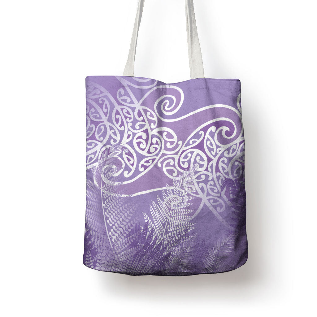 Aotearoa Maori Koru Curves Tote Bag Silver Ferns - Amethyst LT7 - Polynesian Pride